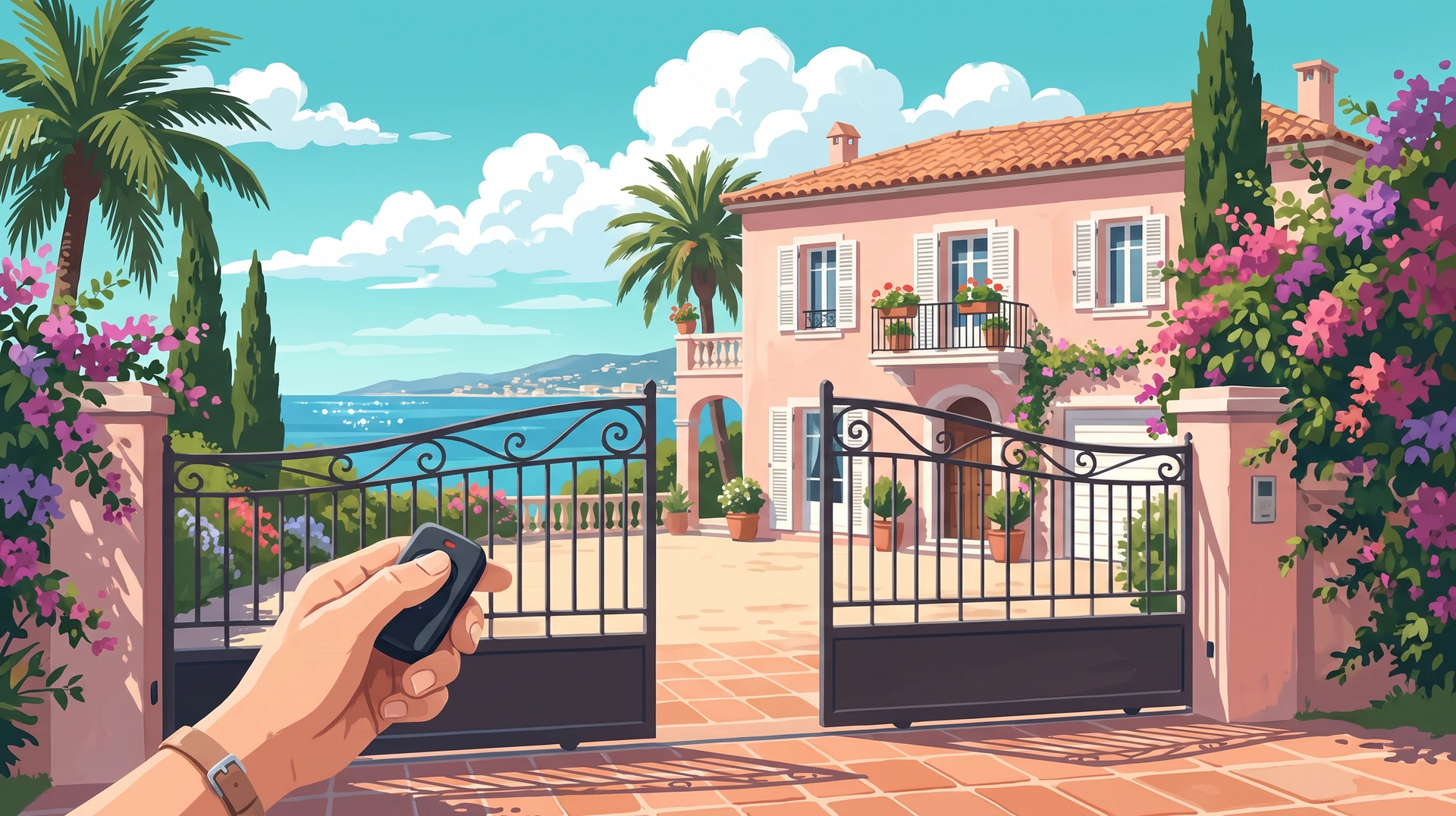 Main tenant une télécommande devant le portail en fer forgé d'une villa face à la mer